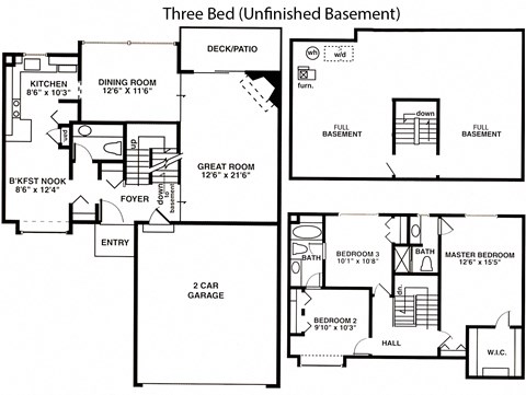 Floor plan for 3 beds, 2.5 baths, 1700 sqft